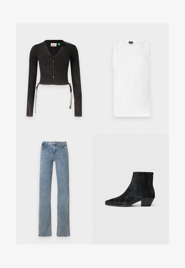 Cardigan noir à côtes, court, avec des manches longues, un col en V, une fermeture à boutons et des liens sur les côtés. Présente un motif en tricot texturé.; Débardeur blanc sans manches avec encolure ronde et petit logo embossé centré sous l'encolure.; Jean bleu à jambe droite avec taille haute, fermeture à boutons sur le devant, et design à cinq poches, présenté sur un fond blanc.; Bottine noire à bout pointu, en matériau texturé imitant les cheveux, avec un panneau latéral à nervures et un petit talon carré. Un design simple et moderne.
