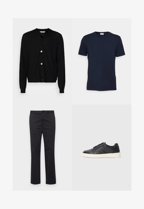 Sort cardigan lavet af letvægtsstof, med V-hals, lange ærmer og fem runde knapper foran. Glat tekstur.; Marineblå crew-neck t-shirt lavet af blødt stof. Korte ærmer med en klassisk pasform, der har et mærke ved halsen. Glat tekstur, minimalistisk design.; Sorte bomuldsbukser med lige ben-design, der har en knaplukning og bæltestropper. Glat tekstur, ingen synlige mønstre eller accenter.; Sort lædersneaker med struktureret overflade, rund tå og flad hvid gummisål. Har sorte snørebånd og branding på hælen.