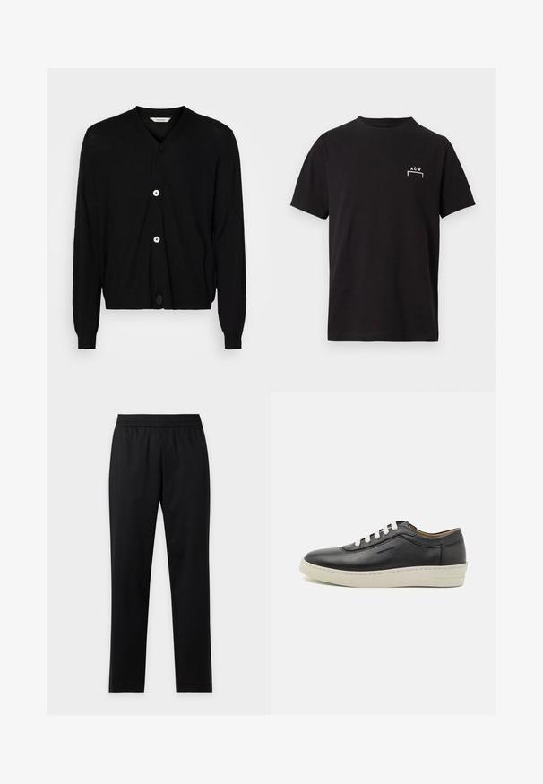 Sort cardigan lavet af letvægtsstof, med V-hals, lange ærmer og fem runde knapper foran. Glat tekstur.; Sort T-shirt med korte ærmer og rund hals med lille hvidt "A C W" logo og understregning på venstre bryst.; Sorte bukser med lige ben og elastisk talje, uden synlige lommer eller mønstre, vist fladt på en lys baggrund.; Sorte lædersneakers med en hvid gummisål, rund tå og flade snørebånd, med sidesyninger og diskret branding.