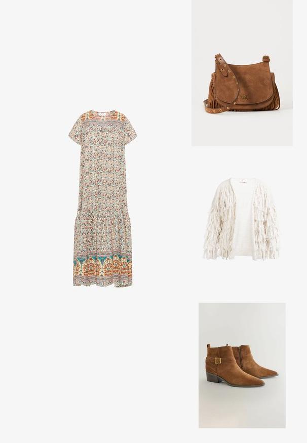 Fringe cardigan in crème, met een getextureerde geweven stof en losse franjes langs de mouwen en de voorranden, open voorkant ontwerp.; Floral maxi-jurk met een roomkleurige achtergrond, kleurrijke bloemenpatronen, korte mouwen, een ronde halslijn en een rucheszoom.; Bruine suède enkellaarsjes met puntige neuzen, lage gestapelde hakken, zijritsen en decoratieve gespbanden aan weerszijden.; Bruine suède crossbodytas met gouden oogjes op de verstelbare riem, franjes aan de zijkanten en klein gouden RLL-logo op de voorflap.