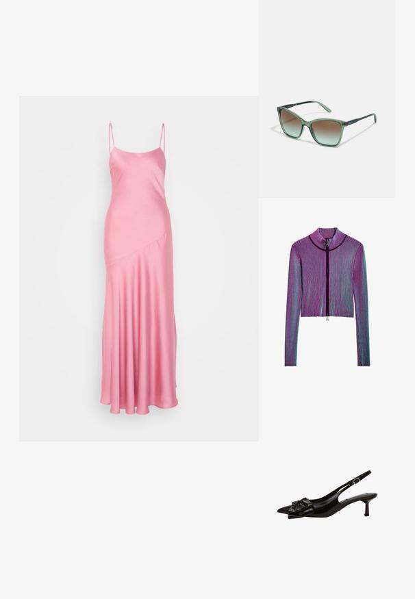 Ingekorte ritsjack met lange mouwen in een meerkleurig geribbeld patroon met roze, paarse en blauwe strepen. Zilveren ritsdetails aan de voorkant.; Roze satijnen maxi jurk met dunne spaghettibandjes, een lichte glans en een diagonale naaddetail aan de voorkant, die uitloopt in een wijde zoom.; Zwarte gepatineerde leren slingback pump met een puntige neus, voorzien van een grote, glanzende strik aan de voorkant en een bescheiden hak.; VOGUE Eyewear Zonnebril - transparent/mallard green