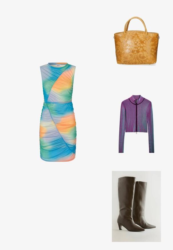 Ingekorte ritsjack met lange mouwen in een meerkleurig geribbeld patroon met roze, paarse en blauwe strepen. Zilveren ritsdetails aan de voorkant.; Modström DINNE PRINT DRESS - Jurk - rainbow blur; Bruine kniehoge leren laarzen met een zijrits en lage taps toelopende hakken op een neutrale achtergrond.; CHICCA BORSE Handtas - cuoio