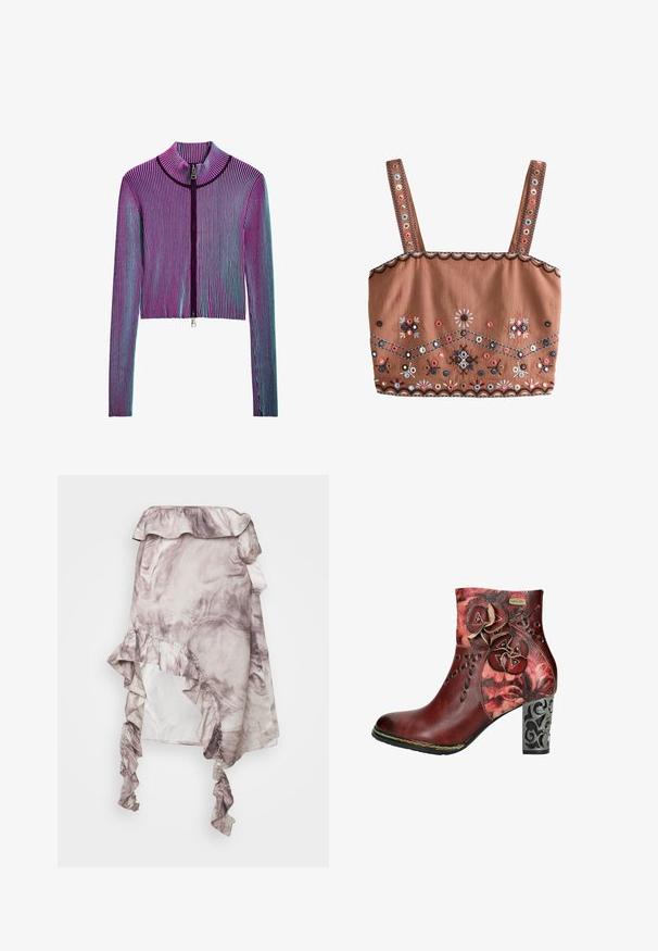 Ingekorte ritsjack met lange mouwen in een meerkleurig geribbeld patroon met roze, paarse en blauwe strepen. Zilveren ritsdetails aan de voorkant.; Bruine crop top met brede bandjes, versierd met meerkleurige bloemenborduursels en cirkelvormige patronen langs de bandjes en zoom.; ROKH MIDI SKIRT RUFFLES - A-lijn rok - purple; Rode leren enkellaars met bloemenontwerp, uitsnijdingen en een geaccentueerde zwarte hak. Multicolor stiksel rond de zool voegt detail toe.