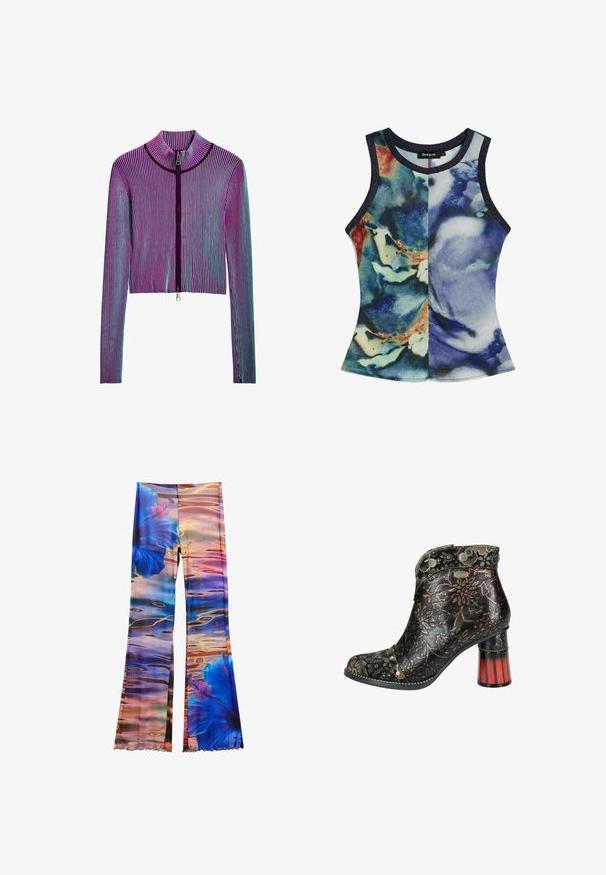 Veste zippée courte à manches longues avec un motif en ribbed multicolore comportant des rayures roses, violettes et bleues. Détail en zip argenté à l'avant.; Haut sans manches pour femme avec col rond et imprimé aquarelle abstrait bleu, vert et beige, avec bords foncés.; Leggings avec un imprimé vibrant de grandes fleurs d'hibiscus bleues sur un motif coloré de surface d'eau réfléchissante.; Bottine en cuir noir avec motif floral, découpe au niveau des orteils, clous décoratifs et un talon en bois rouge. Présente un dessus décoratif à motifs.