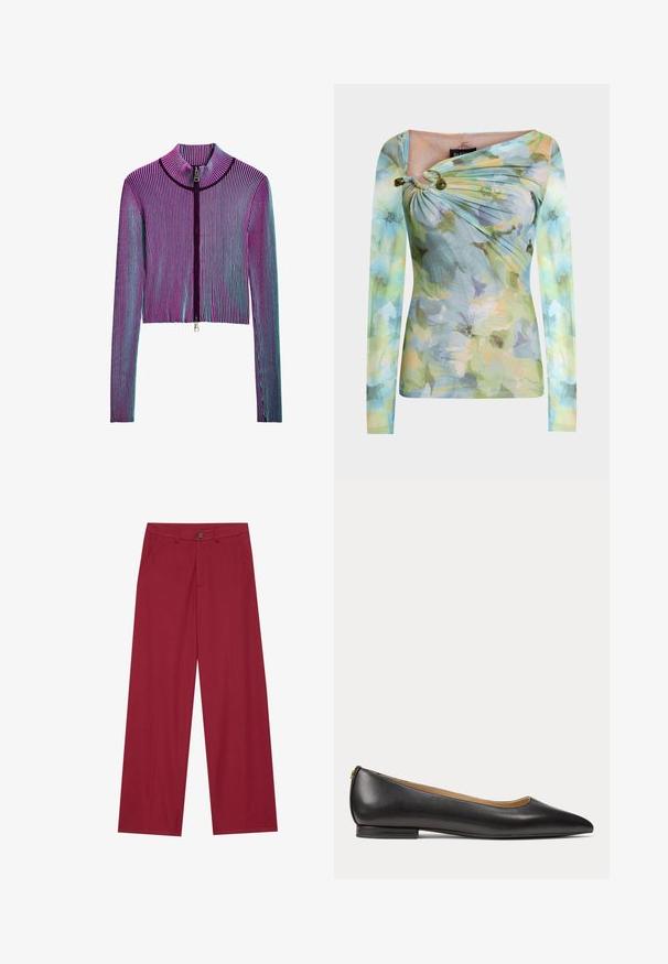 Chaqueta recortada con cremallera y manga larga en un patrón de rayas ribeteadas multicolor que presenta tonos de rosa, púrpura y azul. Detalle de cremallera plateada en la parte delantera.; Top ajustado de manga larga con patrón floral en tonos pastel, escote asimétrico fruncido con dos cuentas verdes en el hombro izquierdo.; Pantalones de pierna ancha hechos de una tela suave y texturizada en un color rojo intenso. Presentan bolsillos delanteros y un cierre de botón único en la cintura.; Zapato plano negro de cuero con punta puntiaguda, tacón bajo y acabado liso, mostrado de lado sobre un fondo claro y sencillo.
