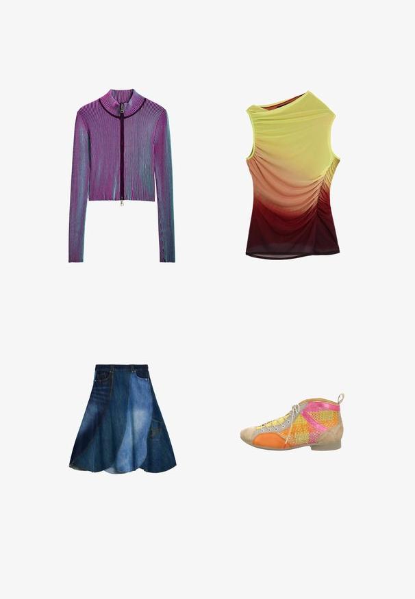 Ingekorte ritsjack met lange mouwen in een meerkleurig geribbeld patroon met roze, paarse en blauwe strepen. Zilveren ritsdetails aan de voorkant.; Mouwloos topje met asymmetrische halslijn, gerimpelde zijkanten en kleurverloop van geel naar bordeauxrood.; Denim rok met een patchwork ontwerp in verschillende tinten blauw, uitlopende vorm en een zijzak. Gladde textuur en casual stijl.; Kleurrijke enkelboot met een beige suède bovenwerk en oranje, roze en gele geweven accenten, ronde neus en rubberen zool. Veters aan de voorkant.