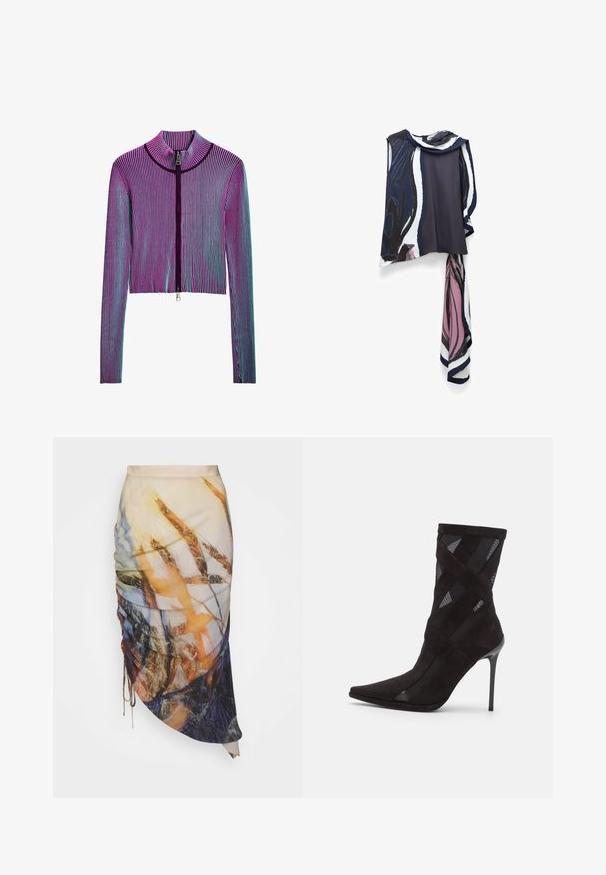 Ingekorte ritsjack met lange mouwen in een meerkleurig geribbeld patroon met roze, paarse en blauwe strepen. Zilveren ritsdetails aan de voorkant.; Mouwloze blouse in marineblauw en wit met een roze abstract patroon. Heeft een gedrapeerde halslijn en een vloeiende, aangehechte sjaaldetail.; Materiel DIAGONAL GATHERED SKIRT - Kokerrok - golden hour; Jeffrey Campbell STRIPES - Lage laarzen - black
