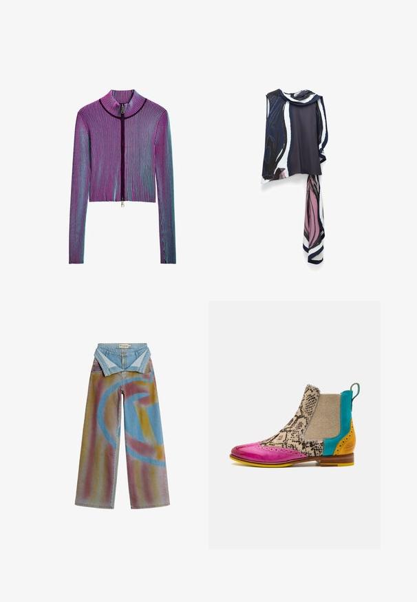 Veste zippée courte à manches longues avec un motif en ribbed multicolore comportant des rayures roses, violettes et bleues. Détail en zip argenté à l'avant.; Blouse sans manches bleu marine et blanc avec un motif abstrait rose. Elle présente un col drapé et un détail d'écharpe fluide attachée.; Jean en denim à jambes larges avec un design en spray multicolore délavé orange et violet et des formes géométriques bleues, plié à la taille.; Bottines colorées avec un bout en cuir verni rose, tissu à motif serpent, toile beige et accents turquoise et jaune sur le talon.