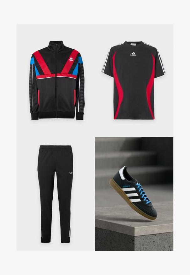 Chaqueta con cremallera Kappa en negro, con diseños geométricos en rojo y azul, acentos blancos y logo. Tejido suave con mangas largas y bolsillos.; Camiseta negra de manga corta con detalles laterales rojos, logotipo de Adidas en blanco en el pecho y rayas blancas en los hombros. Fabricada con una tela suave.; Pantalones deportivos negros hechos de una tela suave. Cuentan con una cinturilla elástica, bolsillos laterales y franjas blancas a lo largo de las piernas.; Zapatilla negra Adidas con franjas blancas, cordones azules y suela de goma flotando sobre un escalón de hormigón gris con luz suave.