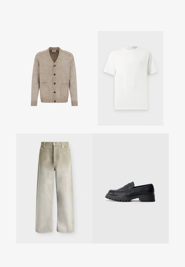 Cardigan en tricot beige avec un col en V, fermeture à boutons sur le devant, deux poches, et des poignets et un ourlet côtelés. La texture est texturée et douce.; T-shirt blanc uni à manches courtes et col rond présenté sur un fond gris clair.; Jean beige et gris clair à jambes larges, avec poches avant, passants de ceinture et fermeture par bouton.; Mocassins en cuir noir avec un bout arrondi, présentant une sangle décorative et une semelle en caoutchouc épaisse avec de profonds crampons pour une meilleure adhérence.