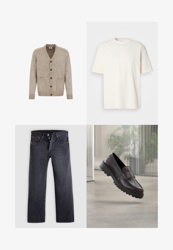 Cardigan en tricot beige avec un col en V, fermeture à boutons sur le devant, deux poches, et des poignets et un ourlet côtelés. La texture est texturée et douce.; T-shirt uni à col rond, à manches courtes, de couleur blanc cassé, design unisexe, présenté sur un fond gris neutre.; Jean en denim noir avec une coupe droite, design à cinq poches, et boutons en cuivre. Texture lisse avec une légère finition délavée.; Chaussure à enfiler en cuir marron avec un bout rond et une semelle en caoutchouc noire robuste. Présente une bride décorative traversant le coup de pied.