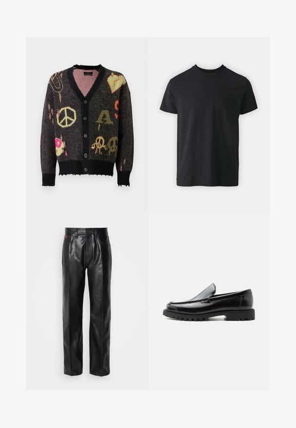 Strikket cardigan i mørkegrå med sort kant. Har farverige mønstre, herunder fredstegn og kranier, med en let flagrende kant.; Sort bomulds t-shirt med kortærmer, rund halsudskæring og en afslappet pasform. Glat tekstur og lige kant, ingen synlige grafikker eller mønstre.; Sorte læderbukser med lige ben design. Funktioner inkluderer knaplukning og forlommer, der fremhæver en glat tekstur og minimal syning.; Sort læderloafer med chunky gummisål, syet overdel og præget mærkenavn på hælen, vist i sideprofil på hvid baggrund.