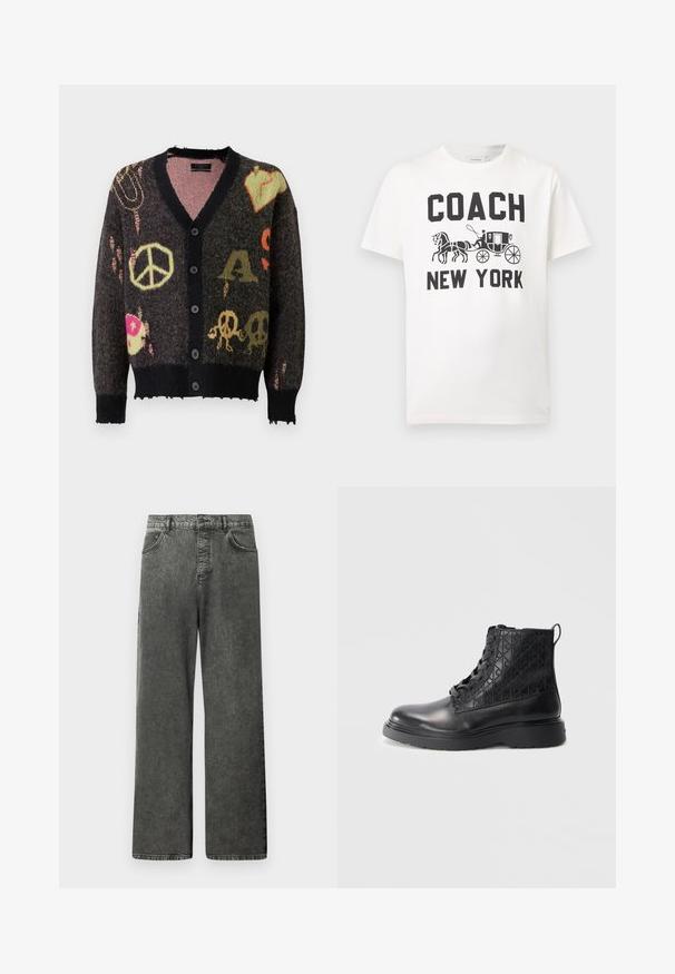 Strikket cardigan i mørkegrå med sort kant. Har farverige mønstre, herunder fredstegn og kranier, med en let flagrende kant.; Hvid T-shirt med korte ærmer med sort tekst "COACH NEW YORK" og billede af en hestetrukken vogn centreret foran.; Sorte vidde-benet denimjeans med lommer foran og bagpå, bæltestropper og knaplukning ved taljen.; Sorte læder ankelstøvler med en quiltet tekstur, rund tå, snørebånd foran og en robust gummisål. Accentueret med en hælflap.