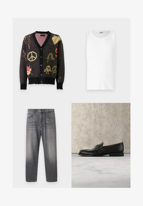 Gebreide cardigan in donkergrijs met een zwarte afwerking. Heeft kleurrijke patronen, waaronder vredestekens en schedels, met een licht rafelige rand.; Witte katoenen mouwloze tanktop met een ronde halslijn en een gladde textuur. Eenvoudig ontwerp, geen patronen of accenten.; Grijze denim jeans met een rechte pijp, afgewassen look, vijfzakkenmodel, knoopsluiting en metalen accenten.; Zwarte leren loafer met gouden metalen gesp en "HUGO" branding, weergegeven tegen een beige tapijt en bruin doorschijnend meubilair.