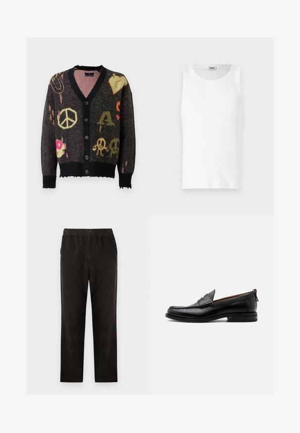 Cardigan de punto en gris oscuro con ribetes negros. Presenta patrones coloridos, incluyendo signos de paz y calaveras, con un borde ligeramente deshilachado.; Camiseta sin mangas de algodón blanco con cuello redondo y una textura suave. Diseño sencillo, sin patrones ni acentos.; Pantalones de pana negra con un diseño de pierna recta, que presentan una cintura elástica y un cierre de un solo botón. Textura suave, detalles mínimos.; Mocasín de hombre de piel negra con costura moc toe, tira penny, cuello texturizado y tacón bajo apilado sobre fondo blanco.