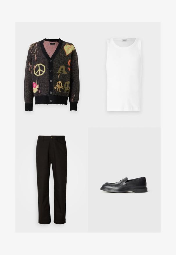 Gebreide cardigan in donkergrijs met een zwarte afwerking. Heeft kleurrijke patronen, waaronder vredestekens en schedels, met een licht rafelige rand.; Witte katoenen mouwloze tanktop met een ronde halslijn en een gladde textuur. Eenvoudig ontwerp, geen patronen of accenten.; Zwarte katoenen broek met een rechte snit, riemlussen, een ritssluiting aan de voorkant en een enkele knoopsluiting. Soepele textuur zonder zichtbare patronen.; Zwarte leren loafers met een gestructureerde afwerking, voorzien van een decoratieve voorstrik en een afgeronde neus. Rubberzool voor duurzaamheid.