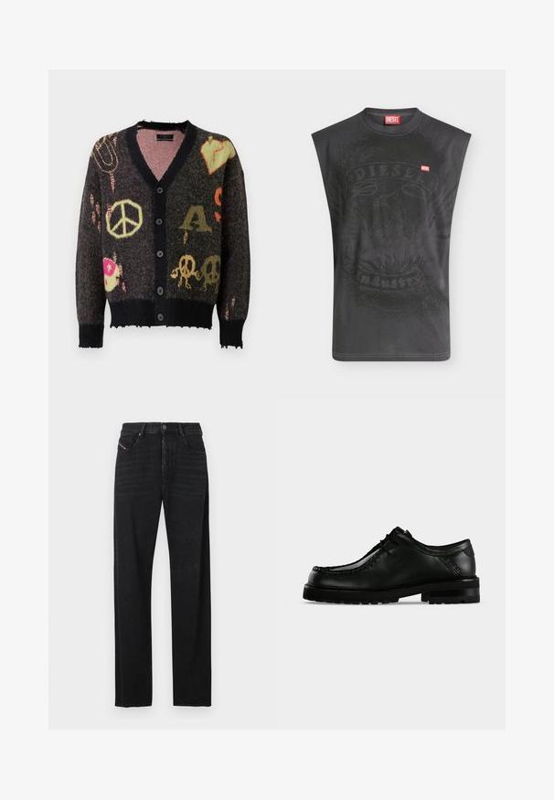 Cardigan de punto en gris oscuro con ribetes negros. Presenta patrones coloridos, incluyendo signos de paz y calaveras, con un borde ligeramente deshilachado.; Camiseta sin mangas negra de Diesel con un sutil gráfico de águila y un pequeño parche rojo con el logo de Diesel en el pecho.; Jeans de mezclilla negra con un diseño de corte recto, bolsillos delanteros y un detalle de pestaña roja en el bolsillo izquierdo. La tela tiene una ligera textura.; Zapato de cuero negro con cordones, suela gruesa de goma y costura moc toe, mostrado desde el lado izquierdo sobre un fondo claro y liso.