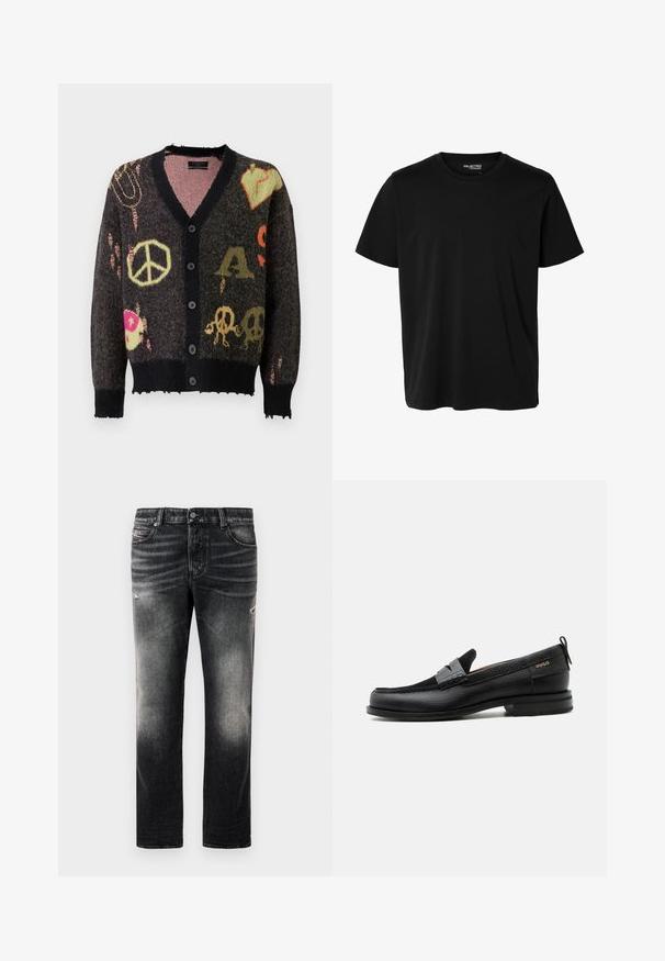 Cardigan de punto en gris oscuro con ribetes negros. Presenta patrones coloridos, incluyendo signos de paz y calaveras, con un borde ligeramente deshilachado.; Camiseta negra lisa de manga corta y cuello redondo con corte de hombre, sin patrones ni logotipos visibles en el delantero.; Jeans negros con acabado desgastado y toques rasgados, diseño estándar de cinco bolsillos y cierre con cremallera. Elaborados en tela de denim.; Mocasín de cuero negro con detalle de tira gris, tacón bajo y suela texturizada, con la marca "HUGO" en oro en el lateral.
