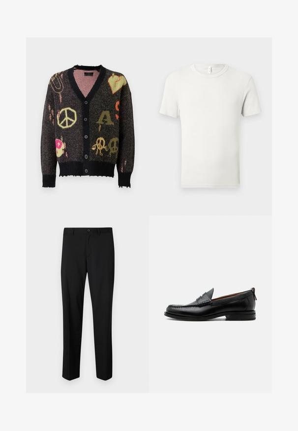 Strikket cardigan i mørkegrå med sort kant. Har farverige mønstre, herunder fredstegn og kranier, med en let flagrende kant.; Hvid kortærmet T-shirt med rund hals lagt fladt på en lysgrå baggrund med en lille stofmærkat ved kraven.; Sorte skræddersyede bukser med flad front, standard talje og lige ben. Lavet af glat stof, med en enkelt knaplukning.; Sort læder herre loafer med moc-tå syning, penny strop, struktureret krave og lav stablet hæl på hvid baggrund.