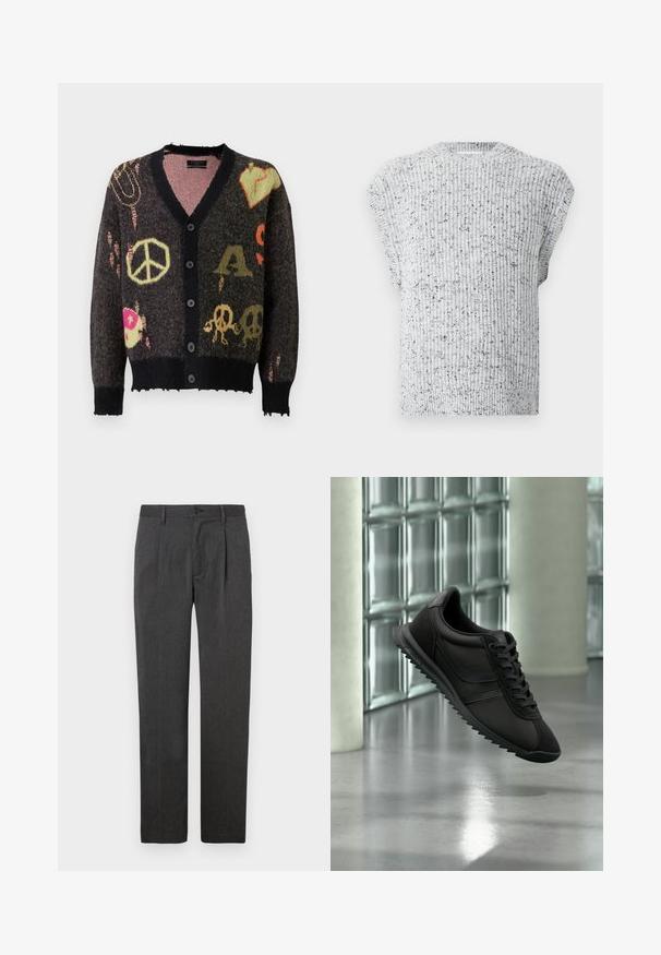 Strikket cardigan i mørkegrå med sort kant. Har farverige mønstre, herunder fredstegn og kranier, med en let flagrende kant.; Strikket ærmeløs sweatervest i lys grå med sorte prikker og en ribbet rund hals og kant.; Grå skræddersyede bukser med lige ben, der har en frontfold, lynlås og knaplukning. Glat tekstur, klassisk design.; Sort atletiksneaker med tekstureret sål og snørebånd, hængende over refleksivt betongulv nær glasblokmur og stor søjle.
