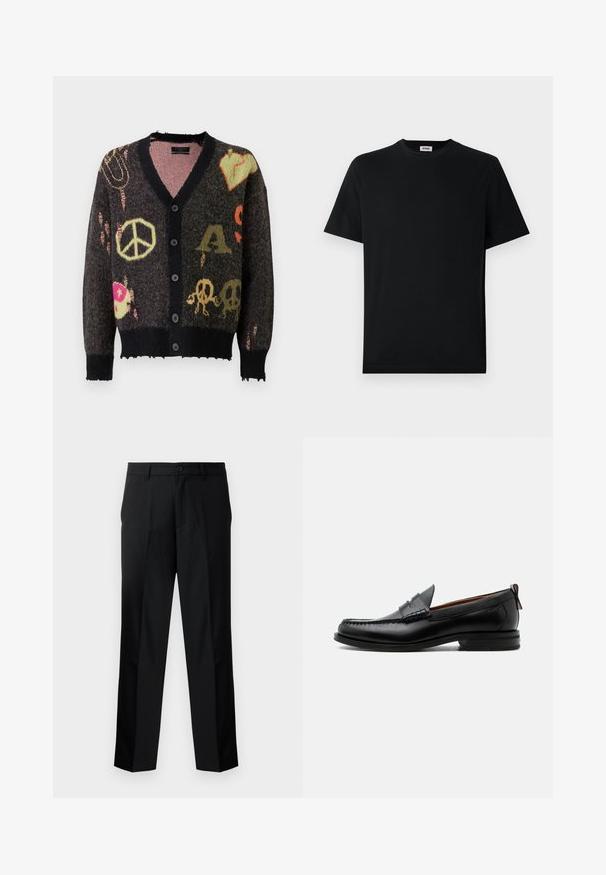 Strikket cardigan i mørkegrå med sort kant. Har farverige mønstre, herunder fredstegn og kranier, med en let flagrende kant.; Simpel sort kortærmet T-shirt med rund hals, præsenteret fladt mod en hvid baggrund, med et lille mærke syet ind i kraven.; Sorte skræddersyede bukser med lige snit, der har knaplukning, lynlås og bæltestropper. Glat stof med sidelommer.; Sort læder herre loafer med moc-tå syning, penny strop, struktureret krave og lav stablet hæl på hvid baggrund.