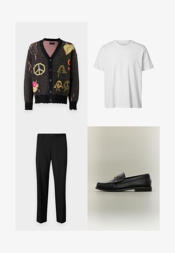 Strikket cardigan i mørkegrå med sort kant. Har farverige mønstre, herunder fredstegn og kranier, med en let flagrende kant.; Enkelt hvid T-shirt med korte ærmer og rund hals, løs pasform og uden synlige logoer eller designs foran.; Sorte skræddersyede bukser med flad front, standard talje og lige ben. Lavet af glat stof, med en enkelt knaplukning.; Sort læder slip-on loafer med lav hæl, guldbeslag og præget mærkenavn på siden mod en neutral baggrund.