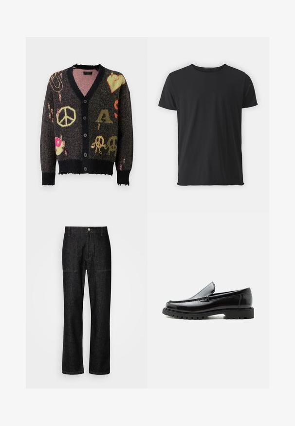 Cardigan de punto en gris oscuro con ribetes negros. Presenta patrones coloridos, incluyendo signos de paz y calaveras, con un borde ligeramente deshilachado.; Camiseta de manga corta negra, hecha de algodón suave, con un cuello redondo clásico y una textura suave, con un corte recto.; Pantalones de mezclilla negros con corte recto, costuras visibles y cierre frontal con botón. Incluye dos bolsillos laterales y dos bolsillos traseros.; Mocasín de cuero negro con suela de goma gruesa, empeine cosido y nombre de la marca en relieve en el talón, mostrado en perfil lateral sobre fondo blanco.