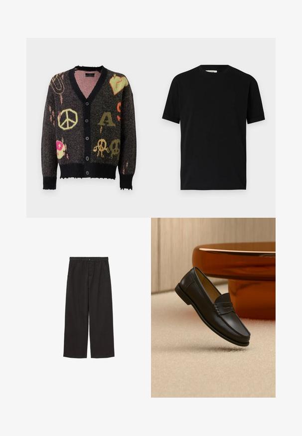 Gebreide cardigan in donkergrijs met een zwarte afwerking. Heeft kleurrijke patronen, waaronder vredestekens en schedels, met een licht rafelige rand.; Zwarte t-shirt met korte mouwen van katoen, met een ronde halslijn en een losse pasvorm. Gladde textuur, zonder patronen of zichtbare logo's.; Zwarte wijde broek van katoen, voorzien van een knoopsluiting, twee zijzakken en een gladde textuur met strakke lijnen.; Zwarte leren loaferschoen zwevend boven een beige tapijt met amberkleurige moderne meubels op de achtergrond.