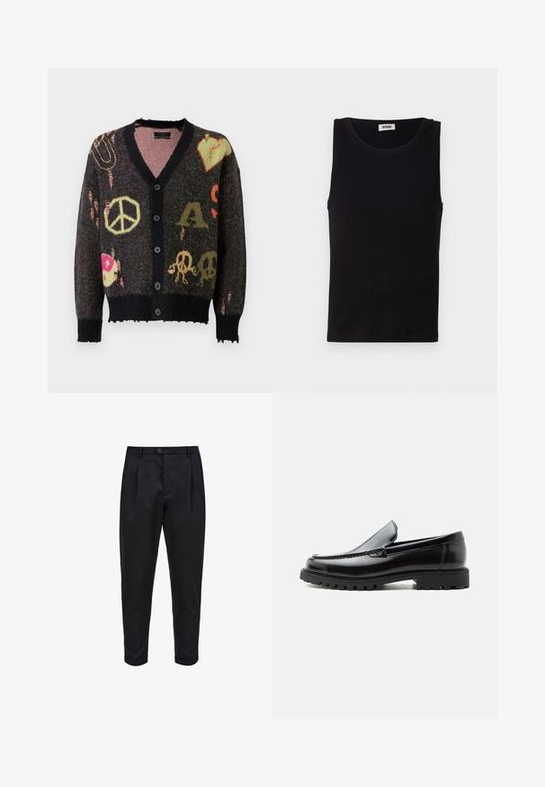 Gebreide cardigan in donkergrijs met een zwarte afwerking. Heeft kleurrijke patronen, waaronder vredestekens en schedels, met een licht rafelige rand.; Zwart mouwloos tanktop gemaakt van zachte katoen. Heeft een ronde halslijn en een rechte snit, met minimale stikdetails.; Zwarte broek van een gladde stof, met een geplooide voorkant, taps toelopende pasvorm en opgerolde mouwen. Eenvoudige knoopsluiting bij de taille.; Zwarte leren loafer met dikke rubberen zool, gestikte bovenkant en gegraveerde merknaam op de hiel, zijaanzicht op witte achtergrond.