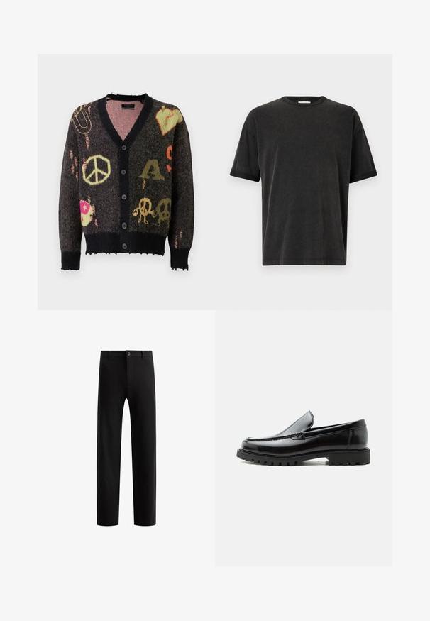 Gebreide cardigan in donkergrijs met een zwarte afwerking. Heeft kleurrijke patronen, waaronder vredestekens en schedels, met een licht rafelige rand.; Zwarte korte mouwen t-shirt met een ronde hals, relaxte pasvorm en opgerolde mouwen. Gemaakt van zacht katoen met een lichte textuur.; Zwarte, op maat gemaakte broek met een platte voorkant, rechte pijpen, enkele knoopsluiting en lussen voor een riem, gemaakt van een gladde stof zonder zichtbare patronen.; Zwarte leren loafer met dikke rubberen zool, gestikte bovenkant en gegraveerde merknaam op de hiel, zijaanzicht op witte achtergrond.