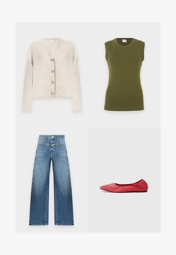 Cardigan beige en maille côtelée avec col en V, manches longues et quatre boutons sur le devant, posé à plat sur un fond blanc.; Débardeur sans manches vert olive fabriqué dans un tissu lisse et extensible. Présente un col rond et une silhouette ajustée sans coutures visibles.; Jean bleu taille haute à jambes larges avec fermeture à bouton et fermeture éclair à l'avant, poches avant et passants pour ceinture sur un fond uni.; Filippa K REY FLATS - Ballerines - bright red
