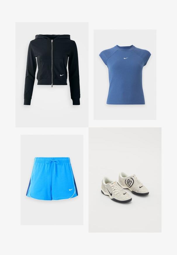 Čierna skrátená mikina s kapucňou so strieborným zipsom a prednou vreckom. Vyrobená z mäkkého, elastického materiálu. Obsahuje kapucňu a malé logo Nike na hrudi.; Modrý krátky rukáv rebrovaný pletený top s okrúhlym výstrihom a bielym logom Nike swoosh v strede na hrudníku.; Modré športové šortky s bielymi lemami na okrajoch, tmavomodré bočné panely, elastický pás, šnúrka a malé biele logo Nike vpredu.; Nike tenisky s béžovým a šedým štruktúrovaným zvrškom, čiernymi akcentmi, veľkým logom "90" a bielym šnurovaním. Čierna podrážka.