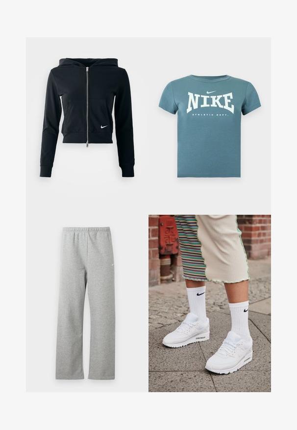 Μαύρο cropped hoodie με ασημένιο φερμουάρ και μπροστινή τσέπη. Φτιαγμένο από μαλακό, ελαστικό ύφασμα. Έχει κουκούλα και μικρό λογότυπο Nike στο στήθος.; Κοντομάνικη μπλούζα Nike σε τιρκουάζ με λευκή επιγραφή «NIKE ATHLETIC DEPT.» και μικρό λογότυπο swoosh στο στήθος, παρουσίαση σε απλό φόντο.; Ανοιχτό γκρι φόρμα με ελαστική μέση και μικρό λευκό λογότυπο Nike στο πάνω μέρος του μηρού, εμφανίζεται επίπεδη σε λευκό φόντο.; Λευκά Nike Air Max 90 sneakers με επάνω μέρος από διχτυωτό και δερμάτινο υλικό, διαθέτοντας ορατή μονάδα αέρα, καθώς και λευκές ριμπ κάλτσες με μαύρο λογότυπο.