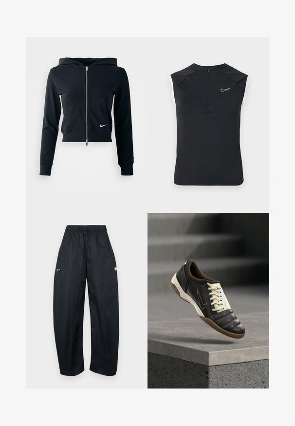 Sudadera corta negra con cremallera plateada y bolsillo frontal. Fabricada con una tela suave y elástica. Cuenta con capucha y un pequeño logo de Nike en el pecho.; Top deportivo sin mangas negro con cuello alto, con un pequeño logo blanco de Nike en el pecho y detalles blancos contrastantes en las sisas.; Pantalones deportivos negros de corte holgado hechos de material ligero. Cuentan con una cintura elástica, cordón ajustable y detalles con el logo.; Zapatilla deportiva de cuero marrón oscuro con cordones color crema, un cuello acolchado y una puntera texturizada. Cuenta con una suela de goma y un logo swoosh lateral.