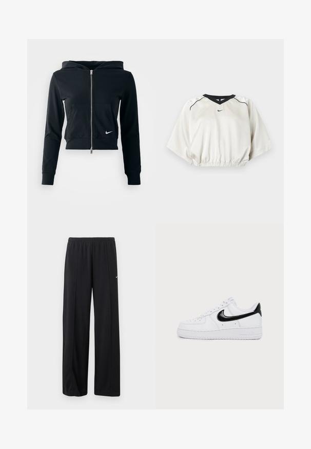 Čierna skrátená mikina s kapucňou so strieborným zipsom a prednou vreckom. Vyrobená z mäkkého, elastického materiálu. Obsahuje kapucňu a malé logo Nike na hrudi.; Biely krátky športový top s čiernou lemovkou v tvare V na výstrihu, elastickým pásom, krátkymi širokými rukávmi a malým čiernym logom Nike na prednom strede.; Čierne voľné teplákové nohavice Nike s elastickým pásom a jemným bielym logom Swoosh na ľavom stehne.; Biele nízke tenisky s čiernym logom Nike a detailom na päte, šnurovačkový dizajn a perforovaná špička na jednoduchom svetlom pozadí.
