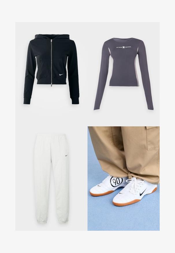 Čierna skrátená mikina s kapucňou so strieborným zipsom a prednou vreckom. Vyrobená z mäkkého, elastického materiálu. Obsahuje kapucňu a malé logo Nike na hrudi.; Tmavošedý dlhý rukáv priliehavý športový top s svetlošedými bočnými panelmi a bielym logom "Nike Shox" na hrudi.; Svetlosivé tepláky Nike s elastickým pásom, zúženými lemami a malým čiernym logom na ľavom stehne. Mäkká, textúrovaná tkanina.; Biele športové topánky s prešívaným vzorom, čierny Nike swoosh a výrazná čierna grafika "90" na boku, v kombinácii s khaki nohavicami.