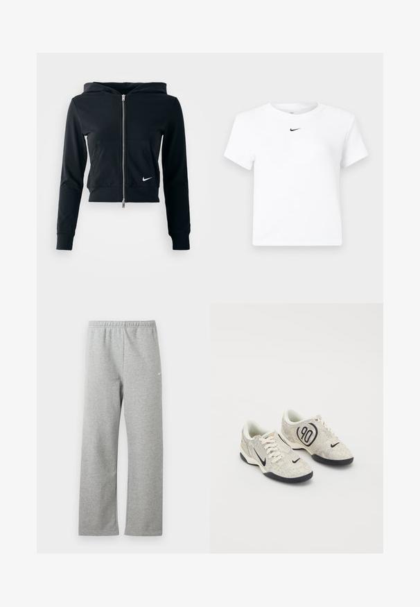 Čierna skrátená mikina s kapucňou so strieborným zipsom a prednou vreckom. Vyrobená z mäkkého, elastického materiálu. Obsahuje kapucňu a malé logo Nike na hrudi.; Biele krátke tričko značky Nike s krátkym rukávom a zrezaným strihom, s malým čiernym logom Nike swoosh umiestneným pod výstrihom uprostred.; Svetlosivé tepláky s elastickým pásom a malým bielym logom Nike na hornej časti stehna, zobrazené na bielom pozadí.; Nike tenisky s béžovým a šedým štruktúrovaným zvrškom, čiernymi akcentmi, veľkým logom "90" a bielym šnurovaním. Čierna podrážka.