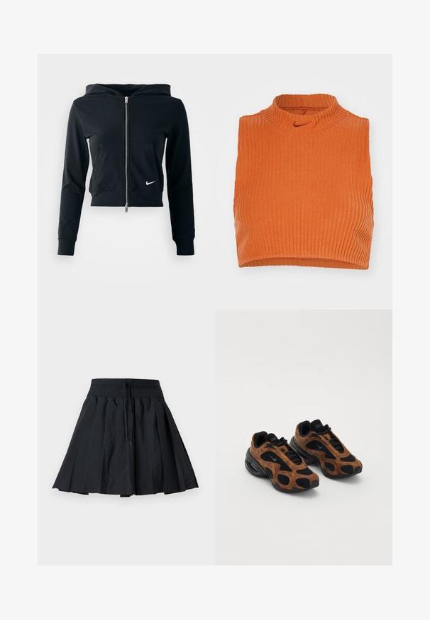 Mustat lyhyet hupparit, joissa on hopeinen vetoketju ja etutasku. Valmistettu pehmeästä, joustavasta kankaasta. Varustettu hupulla ja pienellä Nike-logolla rinnassa.; Oranssi ribbattu hihaton crop-top, jossa on korkeata keräily ja hillitty Nike-logo yläosassa. Se on muotoiltu istuvaksi ja siinä on teksturoitu kangas.; Musta liehukehelmainen hame kuminauhavyötäröllä ja kiristysnauhalla, polvenpituinen, esitetty yksivärisenä vaaleanharmaana taustana.; Ruskeahiekkaiset mokka- ja mustaverkkoiset tennarit, joissa on pyöristetty muoto, erottuvat leikkaukset ja paksu musta pohja.