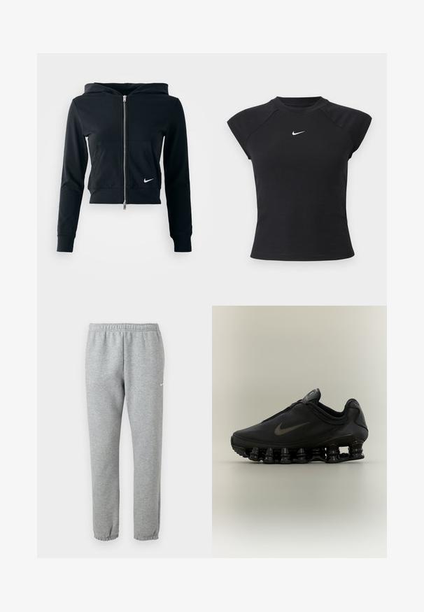 Čierna skrátená mikina s kapucňou so strieborným zipsom a prednou vreckom. Vyrobená z mäkkého, elastického materiálu. Obsahuje kapucňu a malé logo Nike na hrudi.; Čierny top s krátkym rukávom so žíhanou textúrou, okrúhlym výstrihom a malým bielym logom Nike na hrudi.; Svetlošedé tepláky Nike s elastickým pásom a manžetami, malý biely Nike swoosh logo na hornej ľavej stehne.; Čierna teniska Nike so zipsom na hornej časti a výraznou pružinovou podrážkou v oddelených segmentoch, zobrazená z profilu na neutrálnom pozadí.