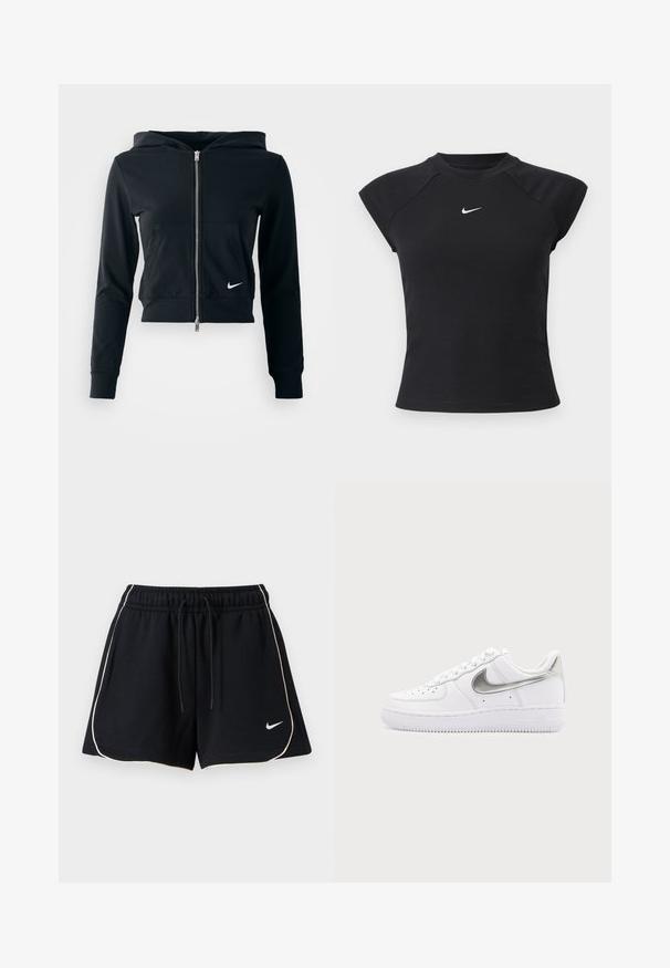 Sudadera corta negra con cremallera plateada y bolsillo frontal. Fabricada con una tela suave y elástica. Cuenta con capucha y un pequeño logo de Nike en el pecho.; Top negro de manga corta con textura acanalada, con cuello redondo y pequeño logo blanco de Nike en el pecho.; Pantalones cortos atléticos negros con ribete blanco en los bordes, cinturilla elástica con cordón y pequeño logo blanco de Nike Swoosh en la parte inferior de la pierna izquierda.; Zapatilla blanca de corte bajo con el logo Nike en plata metálica y cordones blancos sobre un fondo gris claro liso.