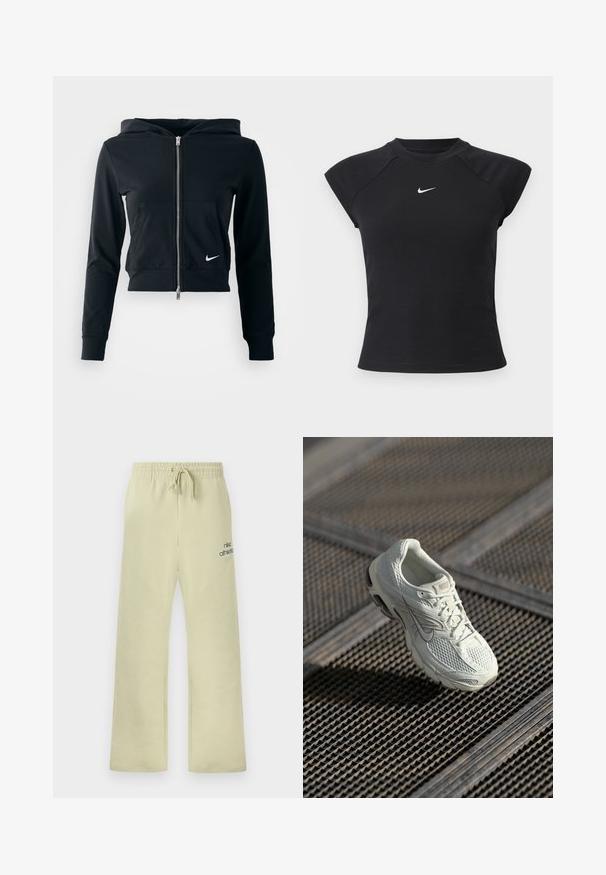 Μαύρο cropped hoodie με ασημένιο φερμουάρ και μπροστινή τσέπη. Φτιαγμένο από μαλακό, ελαστικό ύφασμα. Έχει κουκούλα και μικρό λογότυπο Nike στο στήθος.; Μαύρο κοντομάνικο τοπ με ριμπ υφή, με στρογγυλή λαιμόκοψη και μικρό λευκό λογότυπο Nike στο στήθος.; Μπεζ φόρμα Nike με ελαστική μέση, κορδόνι, χαλαρή εφαρμογή και το κείμενο "nike athletics" με το λογότυπο swoosh στη αριστερή μηρό.; Άσπρο αθλητικό παπούτσι Nike για τρέξιμο με δικτυωτό και συνθετικό επάνω μέρος, τοποθετημένο σε μεταλλική σχάρα δαπέδου υπό απαλό φυσικό φως.