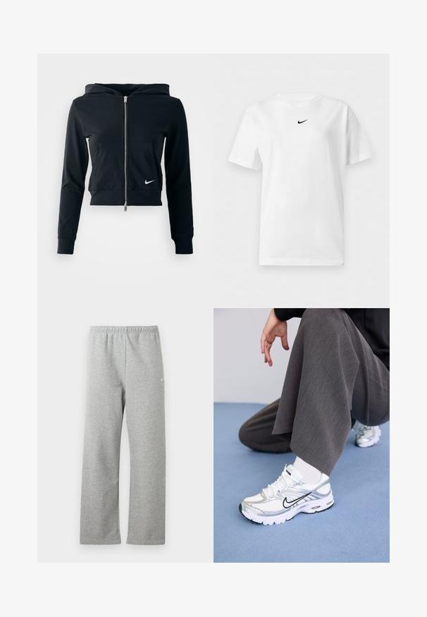 Čierna skrátená mikina s kapucňou so strieborným zipsom a prednou vreckom. Vyrobená z mäkkého, elastického materiálu. Obsahuje kapucňu a malé logo Nike na hrudi.; Biele tričko s krátkym rukávom a okrúhlym výstrihom s malým čiernym logom Nike Swoosh umiestneným v strede blízko goliera.; Svetlosivé tepláky s elastickým pásom a malým bielym logom Nike na hornej časti stehna, zobrazené na bielom pozadí.; Biele a strieborné športové topánky s jemnou sieťovinou a syntetickými materiálmi, so čiernymi akcentmi, šnúrkami a textúrovanými podrážkami.