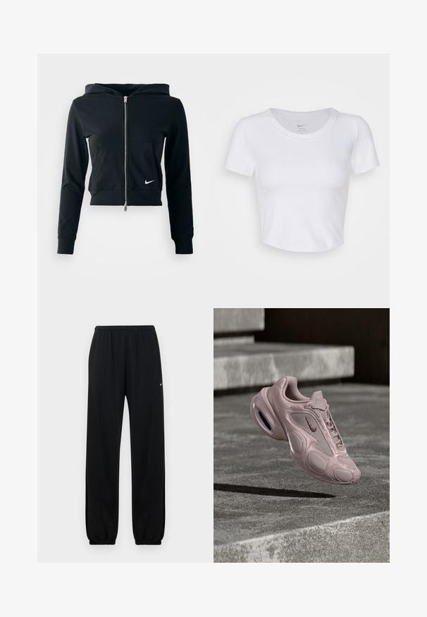 Mustat lyhyet hupparit, joissa on hopeinen vetoketju ja etutasku. Valmistettu pehmeästä, joustavasta kankaasta. Varustettu hupulla ja pienellä Nike-logolla rinnassa.; Valkoinen, lyhythihainen crop-top, joka on valmistettu sileästä synteettisestä materiaalista. Sisältää pyöreän kaula-aukon ja Nike-logon kauluksessa.; Mustat urheiluhousut, joissa on joustava vyötärönauha, kapenevat lahkeensuut ja pieni valkoinen Nike-logo vasemmassa reidessä. Sileä kangaspinta.; Nike-tossu vaaleanpunaisena, jossa on verkkomateriaalia päällisenä, pyöreä pohja ja näkyvä pehmustus. Sileä pinta kohokuvioiduilla yksityiskohdilla.