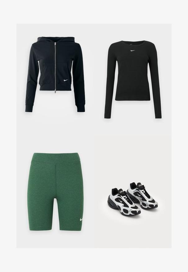 Čierna skrátená mikina s kapucňou so strieborným zipsom a prednou vreckom. Vyrobená z mäkkého, elastického materiálu. Obsahuje kapucňu a malé logo Nike na hrudi.; Čierne priliehavé tričko s dlhým rukávom z rebrovanej látky, s okrúhlym výstrihom a jemným bielym logom Nike na hrudi.; Zelené športové šortky z elastickej látky. Dizajn s vysokým pásom, ploché švy a biele logo Nike na spodnej ľavej nohe.; Čierne a strieborné športové topánky s vrchnou časťou z sieťoviny a syntetických materiálov, ktorá sa vyznačuje výrazným vlnitým dizajnom a polstrovaným golierom, so vzduchovým odpružením v podrážke.