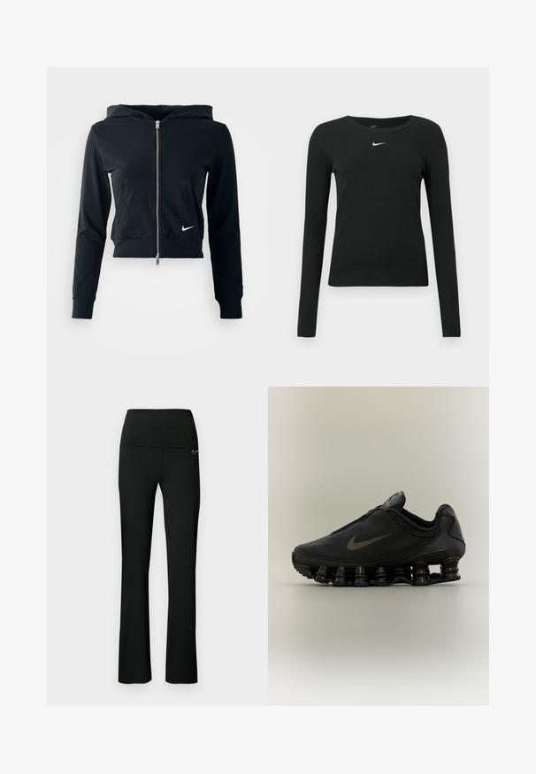 Schwarzer, gekürzter Hoodie mit silbernem Reißverschluss und Fronttasche. Aus weichem, dehnbarem Material gefertigt. Verfügt über eine Kapuze und ein kleines Nike-Logo auf der Brust.; Schwarzes, eng anliegendes Langarmshirt aus Rippstoff, mit rundem Ausschnitt und einem dezenten weißen Nike-Logo auf der Brust.; Schwarze Sporthose mit tailliertem Bund und ausgestellten Beinen. Hergestellt aus elastischem Stoff, mit einem kleinen Logo an der Seite.; Schwarzer Nike-Sneaker mit einem Reißverschluss am Obermaterial und markanter federähnlich segmentierter Sohle, im Seitenprofil vor neutralem Hintergrund dargestellt.