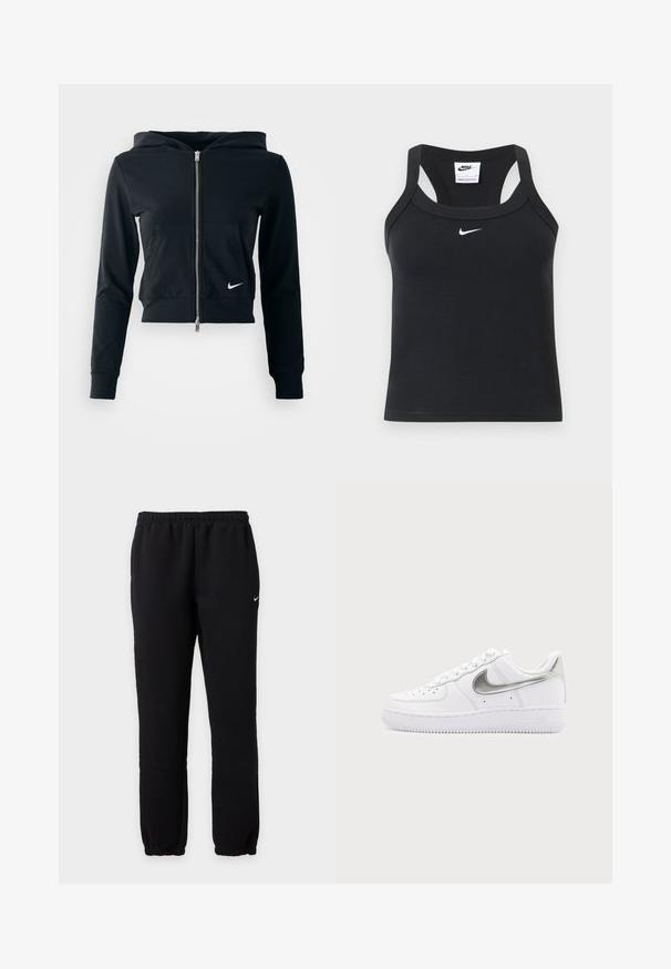 Čierna skrátená mikina s kapucňou so strieborným zipsom a prednou vreckom. Vyrobená z mäkkého, elastického materiálu. Obsahuje kapucňu a malé logo Nike na hrudi.; Čierny Nike rebrovaný crop top s racerback strihom a bielym logom Nike swoosh umiestneným pod výstrihom.; Čierne tepláky Nike s elastickým pásom a manžetami, so malým bielym logom Nike swoosh na ľavom stehne.; Biele nízke tenisky s metalickým strieborným logom Nike a bielymi šnúrkami na obyčajnom svetlosivom pozadí.