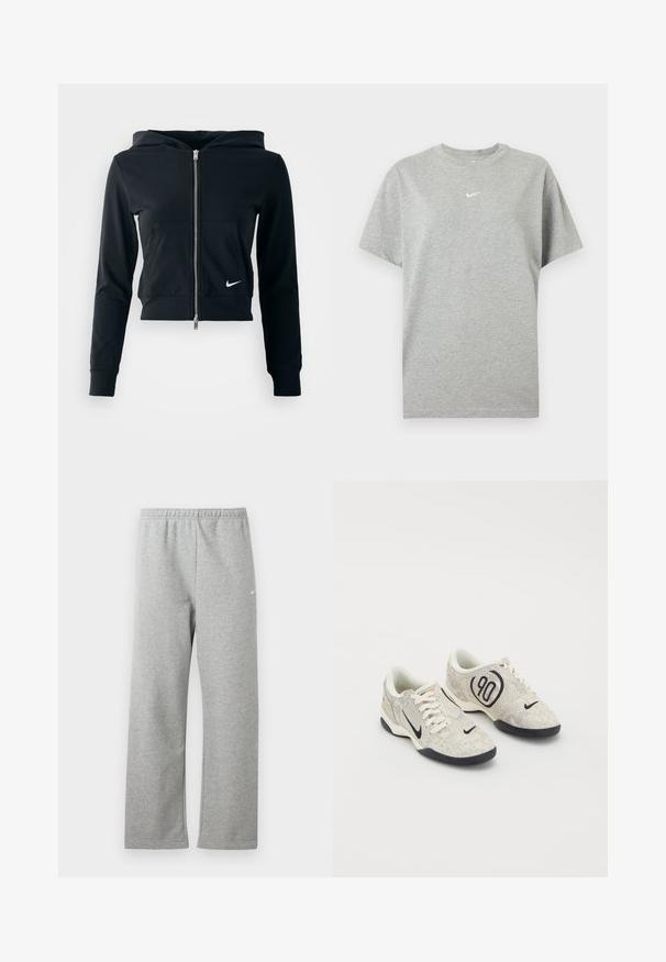 Sudadera corta negra con cremallera plateada y bolsillo frontal. Fabricada con una tela suave y elástica. Cuenta con capucha y un pequeño logo de Nike en el pecho.; Camiseta gris de algodón de manga corta con cuello redondo y pequeño logo blanco de Nike swoosh centrado en el pecho.; Pantalones deportivos gris claro con cintura elástica y un pequeño logo blanco de Nike en la parte superior del muslo, mostrados planos sobre un fondo blanco.; Zapatillas Nike con un upper texturizado en beige y gris, acentos negros, un gran logo de "90" y un cierre de cordones blancos. Suela negra.