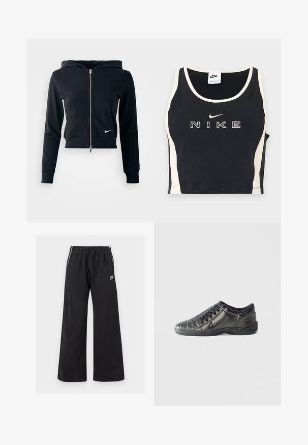 Sort cropped hoodie med sølv lynlås og frontlomme. Lavet af blødt, strækbart stof. Har en hætte og lille Nike-logo på brystet.; Sort ærmeløs crop top med hvidt kantbånd og sidepaneler, med hvid Nike-tekst og swoosh-logo centreret foran.; Sorte sweatpants lavet af blødt stof, med en elastisk talje og snøre, sidestriber og et lille logo på venstre front.; Sort lavtop Nike-sneaker med snørebånd, syet detaljering og en tekstureret sål imod en simpel hvid baggrund.