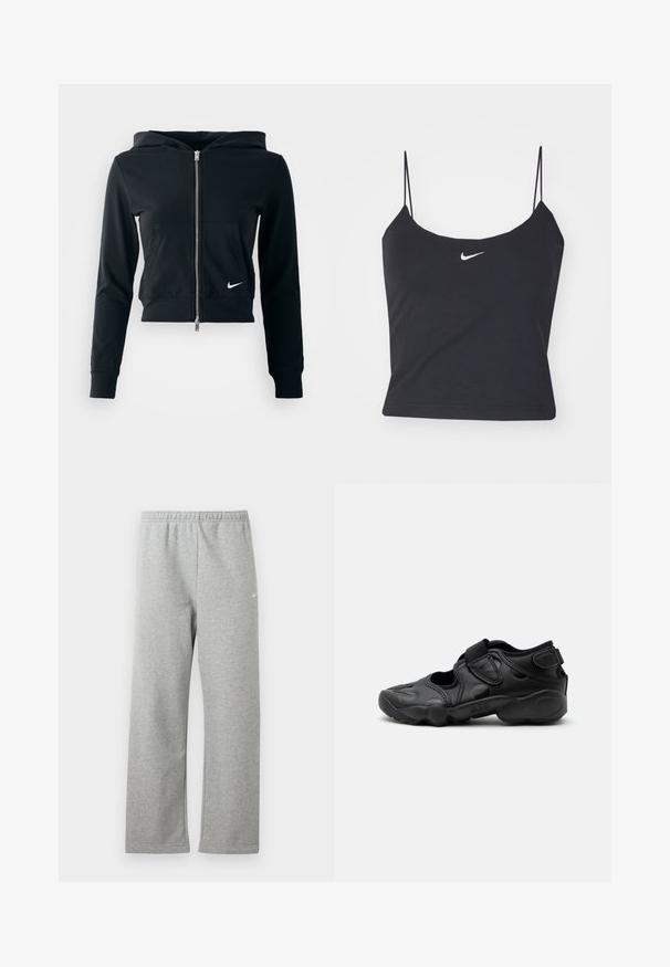 Sudadera corta negra con cremallera plateada y bolsillo frontal. Fabricada con una tela suave y elástica. Cuenta con capucha y un pequeño logo de Nike en el pecho.; Top negro sin mangas con escote redondeado, tirantes finos y un logo de Nike blanco centrado. Hecho de un tejido suave, con un diseño ajustado.; Pantalones deportivos gris claro con cintura elástica y un pequeño logo blanco de Nike en la parte superior del muslo, mostrados planos sobre un fondo blanco.; Sandalia deportiva negra con puntera cerrada, correas de velcro en la parte media del pie y el talón, y suela gruesa acolchada con la marca "AIR" en el lateral.