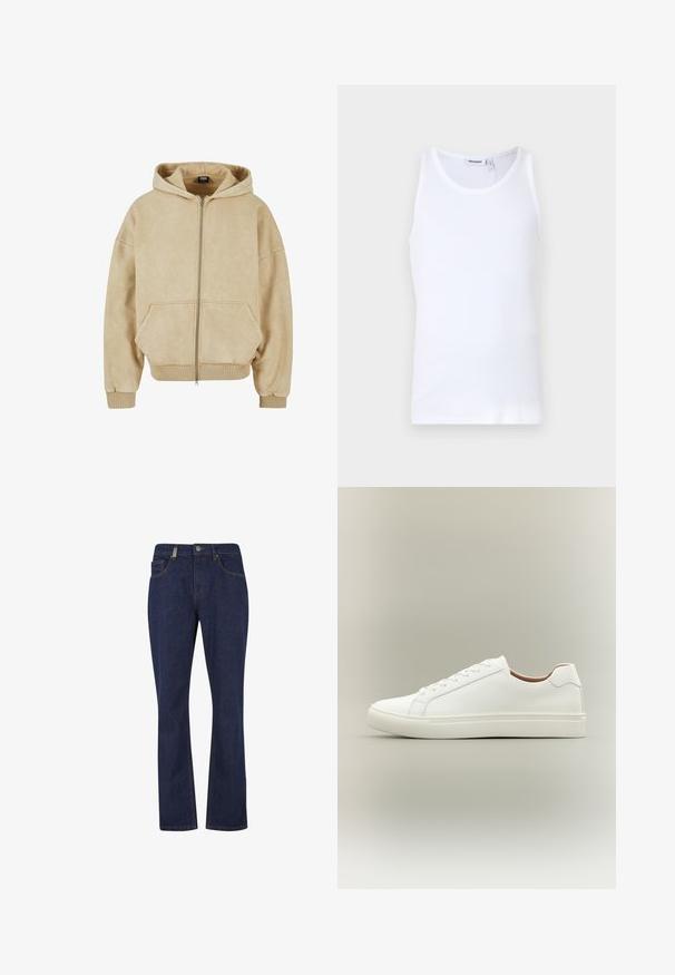 Beige zip-up hoodie lavet af blødt stof, med en stor hætte, to frontlommer og ribbede manchetter og kant. Glat tekstur og afslappet pasform.; Hvid bomulds tanktop med rund hals og brede stropper. Glat tekstur, ingen mønstre, enkelt design og mærkeetiket på halsudskæringen.; Mørkeblå jeans med lige ben, foran med knap og lynlås, med forreste og bageste lommer samt synlige sømdetaljer.; Hvid lavt snøresko med snørelukning og flad sål, vist fra siden på en neutral baggrund.